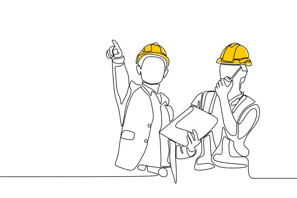 Single continuous line drawing of young construction manager giving instruction to builder coordinator at site meeting. Building architecture business concept. One line draw design PNG illustration