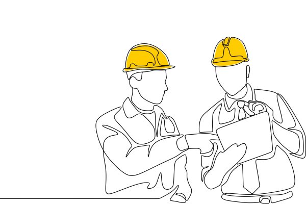 Single continuous line drawing of young construction manager giving instruction to builder coordinator at site meeting. Building architecture business concept. One line draw design vector